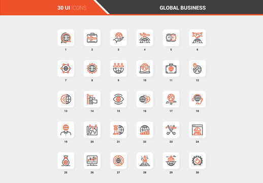 Vector set of global business flat line web icons. Each icon with adjustable strokes neatly designed on pixel perfect 48X48 size grid. Fully editable and easy to use.