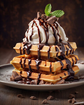 Photorealistic image of appetizing waffles with cream, chocolate and green sprig of mint