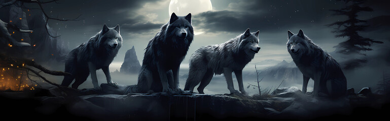Vier Wölfe auf Bergen vor dem Mond, Banner