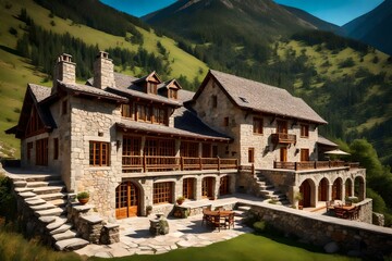 Fototapeta na wymiar A majestic Stone House in Mountains, village in the mountains