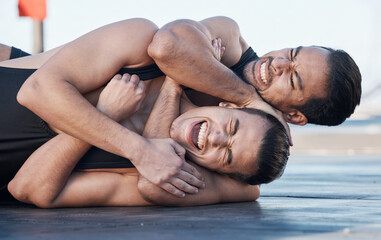 Men fight, mma and choke hold outdoor for competition, exercise and workout. Wrestling, grappling...