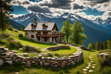 A majestic Stone House in Mountains, alpine landscape