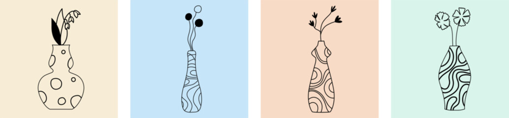 Set of trendy minimal hand drawn composition for posters, wall art, brochure or postcard design. Set of modern aesthetic vector print with simple nature shapes, lines, vases, flowers, leaves.