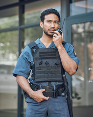 Man, radio and a security guard or bodyguard outdoor on in a city with communication. Safety...