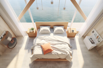 Interior of luxury suit, modern bedroom of a hotel or apartment, stylish design with beautiful sea view. AI Generative