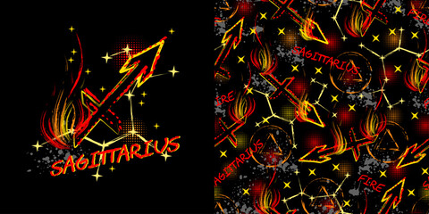 Label, pattern with icon of zodiac sign Sagittarius with constellation, text, paint splatter, smudge, brush strokes. Horoscope esoteric element of the element of fire. For decoration in street style