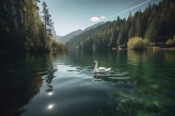 Fototapeta na wymiar Lone swan gliding on serene lake., generative IA
