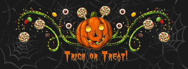 Halloween banner, border with pumpkin head like little boy, sweets, creepy red eyeball, green swirls, text. Dark background with distorted spiderweb Horizontal poster, header for website, social media