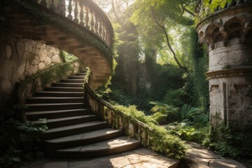 Fototapeta na wymiar Spiral stone staircase amidst lush nature., generative IA
