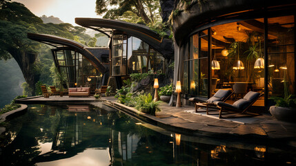 Obraz premium Eco-Conscious Resort featuring Cottages in Harmony with the Environment. Generative AI.
