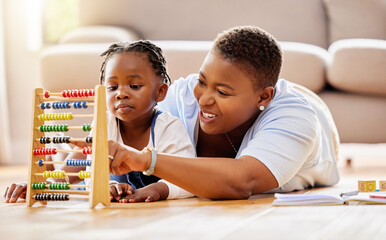 Learning, help and abacus with mother and daughter in living room for math, education and...