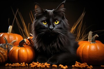 Black fluffy cat in the autumn garden with orange pumpkins. Halloween, Mid-Autumn Festival. Generative AI