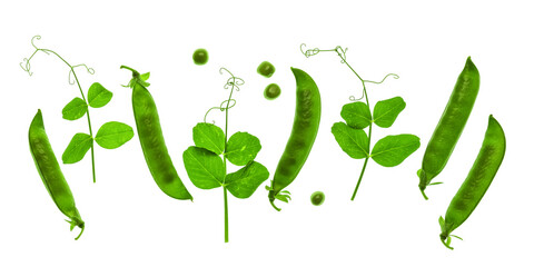 Pods of green peas with leaves on a white background. Top view, flat lay, baner.