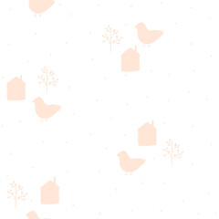 Bird,house and tree seamless pattern,hand drawn garden print on white background.Tender Botanical illustration for home decor, interior design, wallpaper, kids fashion, cover design,packaging paper