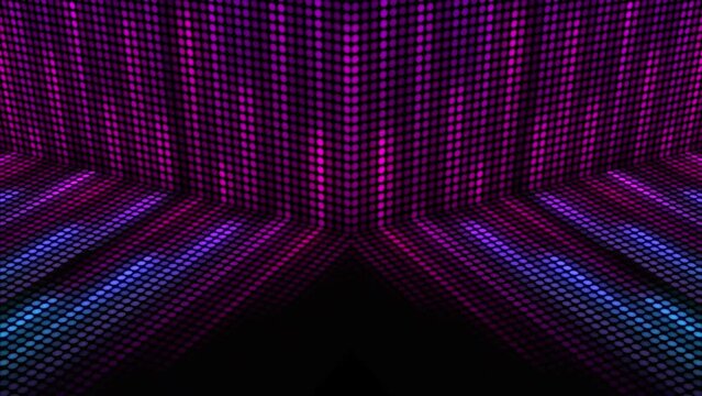 mirrored animation of corner with dots pattern video effect. Colorful many small circles glowing in black background.