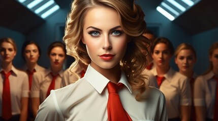 Obraz premium woman flight attendant in front of the fuselage of an airplane, young smiling woman