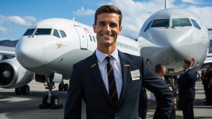 Stewardess man against airplane background 