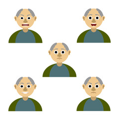 Cartoon character of an old man in different poses. Isolated on white background.