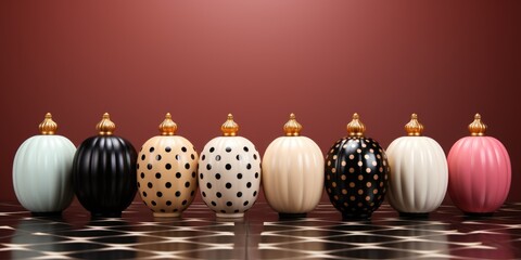 A row of colorful vases sitting on top of a checkered floor. Halloween decor.