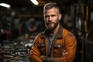 Obraz premium A man with a beard standing in a workshop. Digital image. Car mechanic or manual worker portrait.
