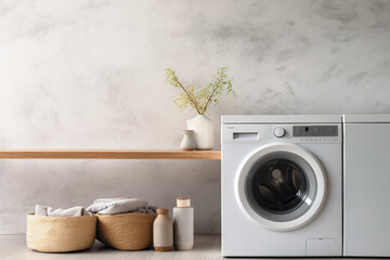 White blurry laundry room with modern washing machine and surface for product shot placement. High quality photo