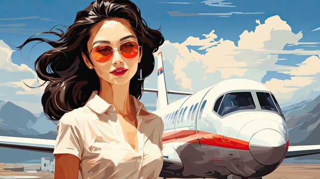 Fashion woman retro pin up  style against airplane. Vintage vacation illustration