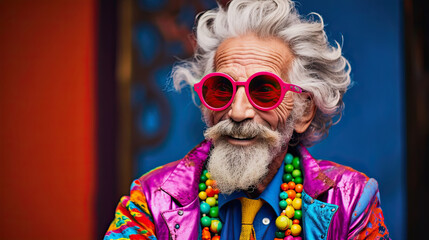 older smiling gentleman in colorful outfit with pink glasses