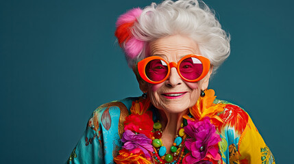 older smiling lady in colorful outfit wearing red glasses