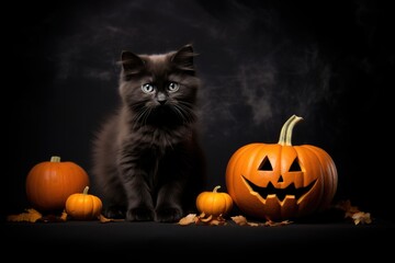 Fluffy cute black kitten with pumpkin jack o lantern on dark background with leaves. Halloween autumn  concept. Background with copy space