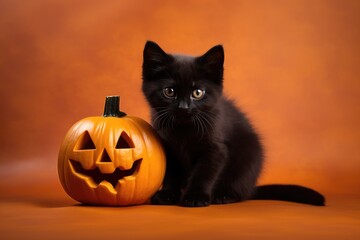 Fluffy cute black kitten with pumpkin jack o lantern on orange background. Halloween autumn  concept. Background with copy space