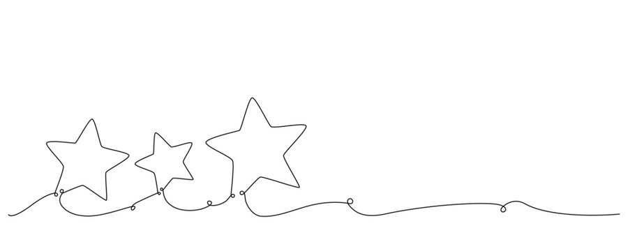 Christmas composition with stars. Hand drawing continues one single line. Vector stock illustration isolated on white background for invitation, card, presentation, frame or border. Editable stroke.