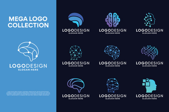 Brain connection logo design. Creative smart brain technology logo collection.