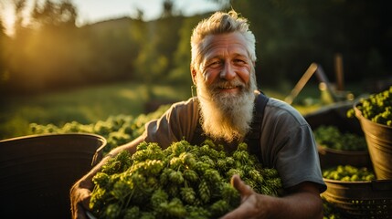 An elderly male farmer holds a crop of hops