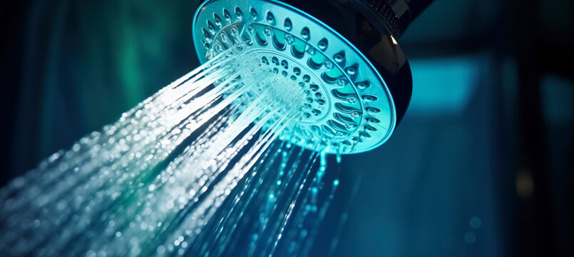 Close up of Water flowing from shower in the bathroom interior. Water spills from the shower, digital ai