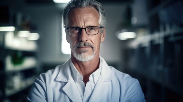 A man in a lab coat is posing for a picture. Digital image.