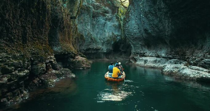 Martvili canyon Georgia kayak floats through the canyon drone shot 