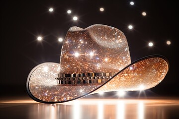 A glittered cowboy hat sitting on top of a table. Digital image. Discoball hat.