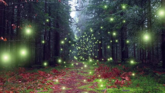 Glowing fireflies in beautiful foggy forest with path. Concept autumn season.