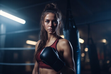 Fototapeta na wymiar Portrait of a young woman with boxing gloves. Sporty fit femaly self care and defense training. High quality photo