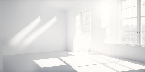 Abstract white studio background for product presentation. Empty room with shadows of window. Generative AI, Generative, AI