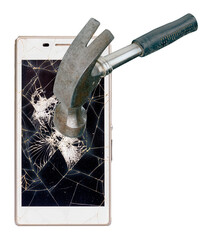 A hammer hitting a smartphone. Broken screen. Isolated background.