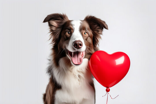 Adorable border collie dog with hear shape balloon isolated. love and romance, valentine's day concept. High quality photo