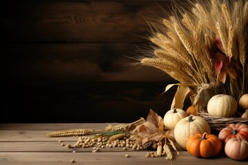A bunch of pumpkins and other fall decorations on a table. Harvest time, Thanksgiving decor. Copy space, place for text.