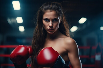 Portrait of a young woman with boxing gloves. Sporty fit femaly self care and defense training. High quality photo