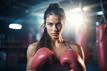Portrait of a young woman with boxing gloves. Sporty fit femaly self care and defense training. High quality photo