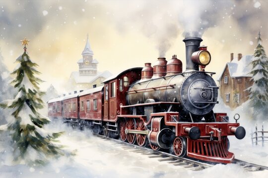 A painting of a train traveling through the snow. Christmas steam train.