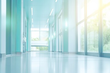 Fototapeta premium Abstract blur luxury hospital corridor. Blur clinic interior background with defocused effect.