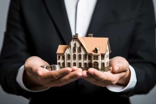 A man in a suit holding a model of a house. Digital image. Loan or morgage concept image.