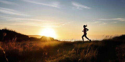 Energetic Silhouette of a Woman Running on Meadow Hill at Sunset, Enjoying the Coastal Beauty of Blue Sky, Ocean, and Shoreline in a Scenic Panoramic View, Embracing an Active and Healthy Lifestyle