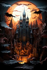 Naklejka premium A halloween scene with a castle and bats. Surreal Halloween background.